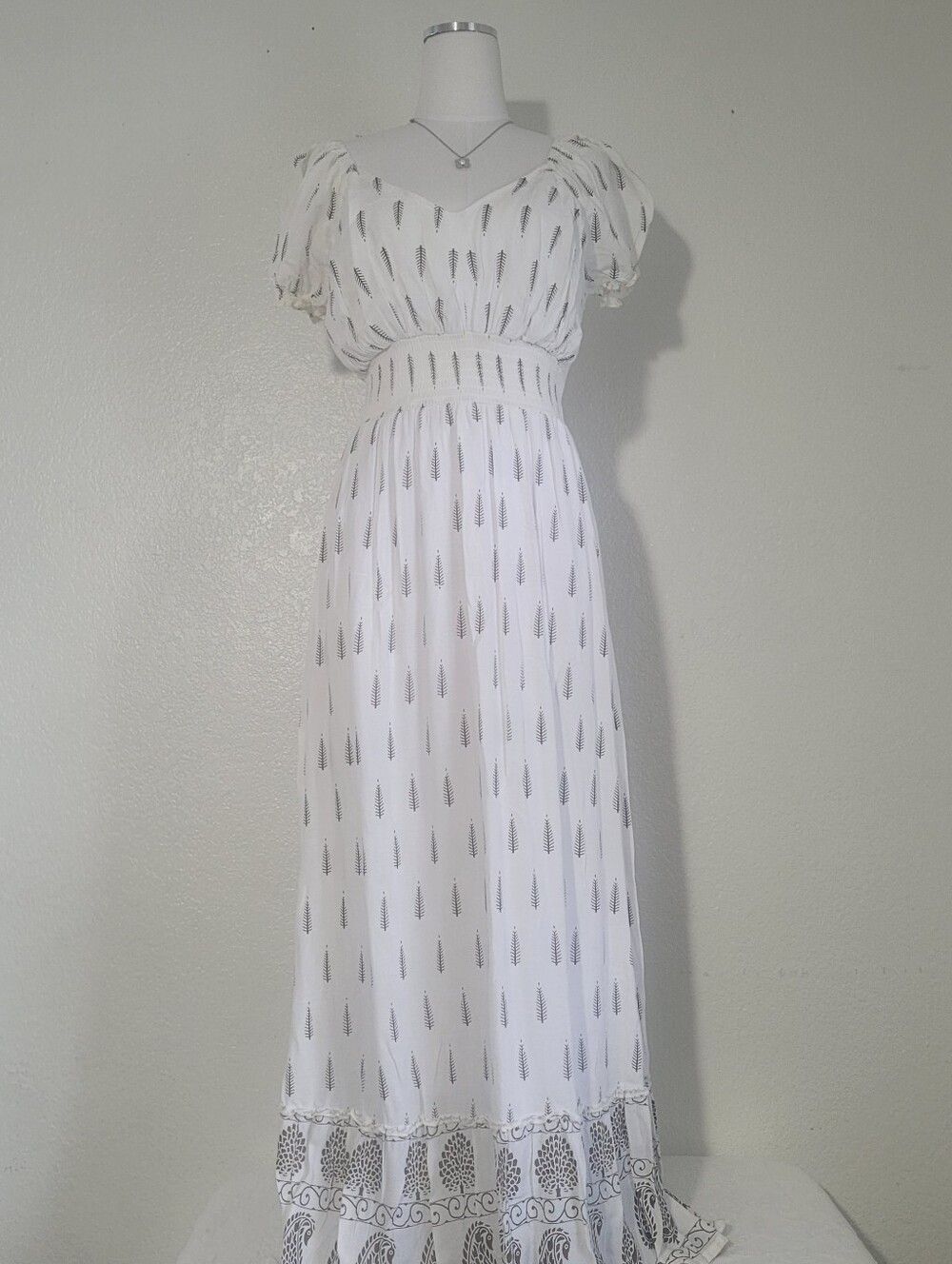 Lapagee White Beige Paisley Puff Sleeve Square Neck Midi Sundress Size Medium